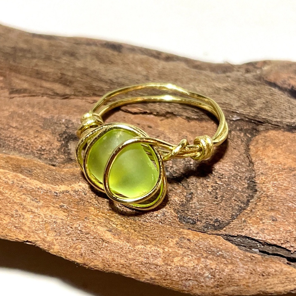 Artisan Green Sea Glass Gold Wire Wrapped Ring Size 5